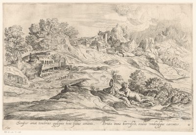 Landschap met minnend paar Den, der er tro mod sin elsker, elsker altid mørket, / Den brutale rystede stadig, hans øjne mangler skygger (titel på objektet) Landschappen naar Domenico Campagnola (serietitel) af Anonymous
