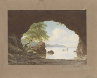 Landskab efter maleriet Fjeldgrotte paa Bornholm af G.E. Libert Fjeld hule paa Bornholm (titel på objekt) af Anonymous