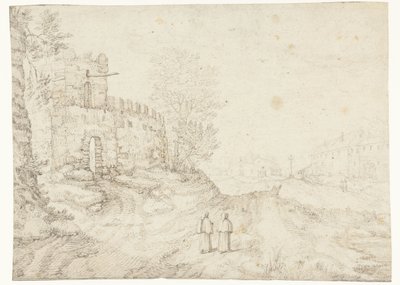 Landevej langs bymur og kloster af Anonymous