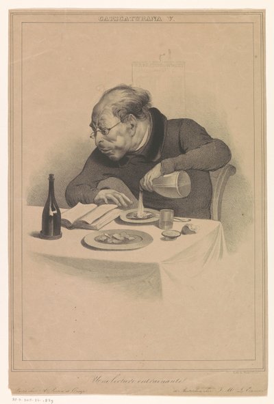 læsende mand Une lecture entraînante (titel på objekt) Karikaturer (af forlagene Pontin og Eigeman) (serietitel) Caricaturana (serietitel på objekt) af Anonymous