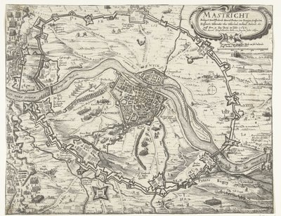 Maastricht besat af Frederik Hendrik, 1632 Maestricht belejret af Friderich Henrich Printzen von Orangien (...) den 9. juni i år 1632. Taget med Accort den 12. august i år 1632 (titel på objekt) af Anonymous