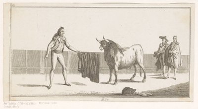 Matador udfordrer en tyr Coleccion de las principales suertes de una corrida de toros (serietitel på objekt) Samling af de vigtigste tyrefægtningsmanøvrer (serietitel) af Anonymous