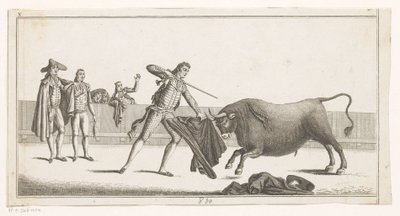 Matador udfordrer en tyr Coleccion de las principales suertes de una corrida de toros (serietitel på objekt) Samling af de vigtigste tyrefægtningsmanøvrer (serietitel) af Anonymous