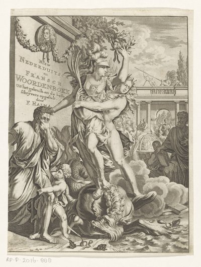 Minerva nedtramper et ildpustende havmonster Ny plattysk og fransk ordbog (titel på objekt) Titelside for: François Halma, Ordbog over nederlandske og franske sprog, 1710 af Anonymous