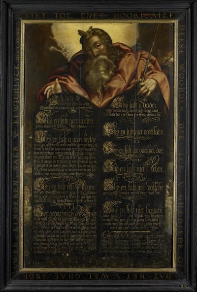 Moses viser lovens tabeller med de ti bud i kalligrafi af Anonymous