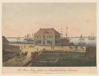 Nieuwe Waag ved havnefronten i Paramaribo Nieuwe Waag Building og Bank der Colonie Surinam (titel på objekt) af Anonymous