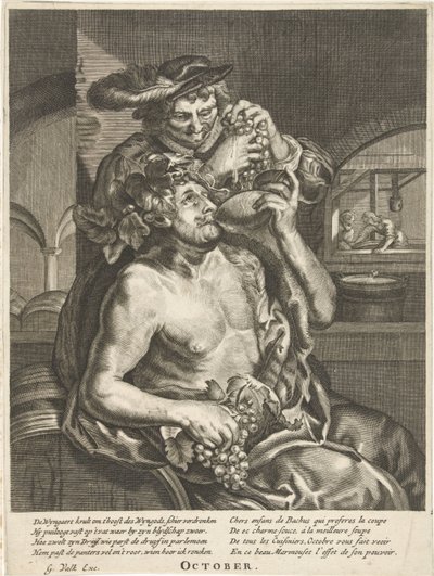 Oktober: Bacchus drikker vin oktober (titel på objekt) De tolv måneder (serietitel) af Anonymous