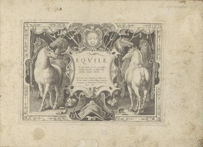 Ornamenteel cartouche met titel geflankeerd door paarden Hesten, hvor alle slags adelige: hestes opførsel adskilt fra forskellige dele af verden udvalgt (...) (serietitel på objekt) af Anonymous