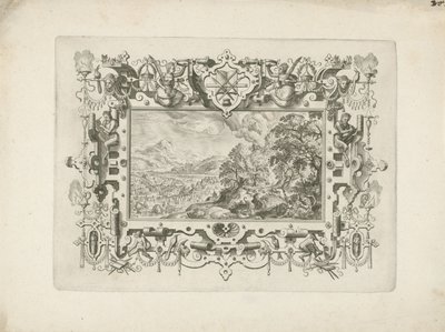 Ornamentramme med rulleværk og figurer, hvori et landskab med Venus og Adonis af Anonymous