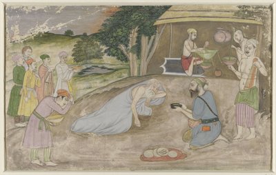 Gammel indo-muslimsk helgen i sin eremitage, omgivet af mennesker med gaver af Anonymous