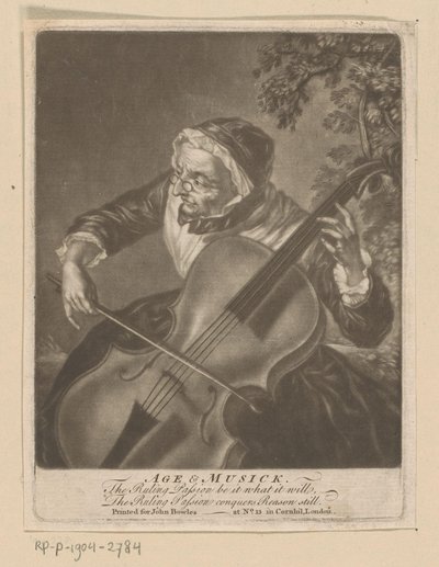Gammel kvinde spiller cello Alder og musik (titel på objekt) af Anonymous