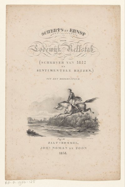 Hesten hopper over floden Titelside for: Lodewijk Rellstab, drillerier og alvor, 1838 af Anonymous