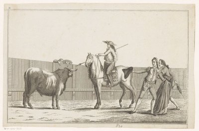 Picador retter sin lanse mod en tyr Coleccion de las principales suertes de una corrida de toros (serietitel på objekt) Samling af de vigtigste tyrefægtningsmanøvrer (serietitel) af Anonymous