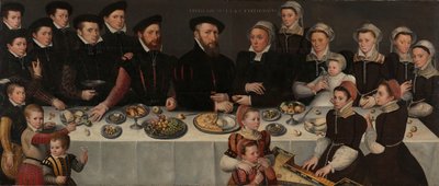 Pierre de Moucheron (1508-67), hans kone Isabeau de Gerbier, deres atten børn, deres svigersøn Allard de la Dale og deres første barnebarn af Anonymous
