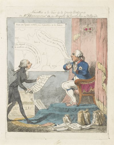 Pitt bringer George III den nye over de revolutie i Nederlandene, 1795 Nyheder ved domstolen i Storbritannien eller hr. Pitt, der annoncerer for hans majestæt revolutionen i Holland (titel på objekt) af Anonymous
