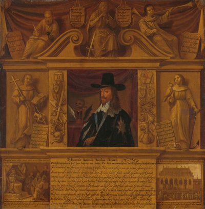Portræt af Charles I, konge af England, i en ramme med allegoriske figurer og historiske fremstillinger af Anonymous