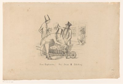 Tryksælger sælger print fra en trillebør Glædelig Cupferstiche! Das Stück 1 Schilling (titel på objekt) af Anonymous