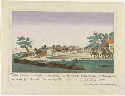 Prinsesse af Orange holdt i Goejanverwellesluis, 1787 Det store overfald og standsning af Haare Koninglyk Hooghied på vejen nær Haastrecht Ved en masse Vrij-Corporisten. den 28. juni 1787 (titel på objekt) Farvede tyske tryk om d af Anonymous