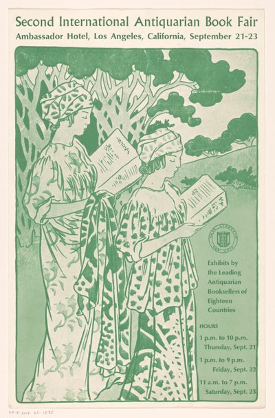 Reclamebiljet for den Second International Antiquarian Book Fair i Los Angeles Anden internationale antikvariske bogmesse (titel på objekt) af Anonymous