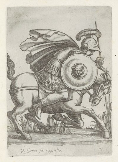 Reliëf met de daad af Marcus Curtius Antikke skulpturer i Rom (serietitel) Ikoner af de gamle statuer af byen Rom, som ses på offentlige steder (serietitel) af Anonymous