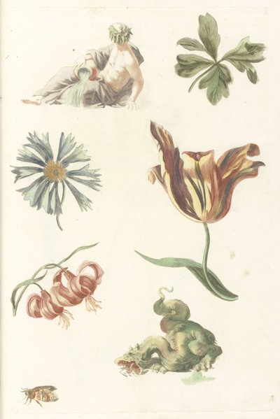 Flodgud, en drage og fire blomster af Anonymous