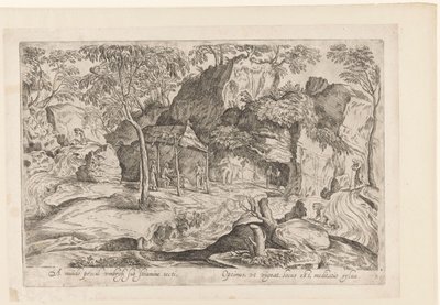 Rotsachtig landskab med dak op palen en højre leeuw Langt væk fra verden, i læ under et stråtag, Landschappen naar Domenico Campagnola (serietitel) af Anonymous