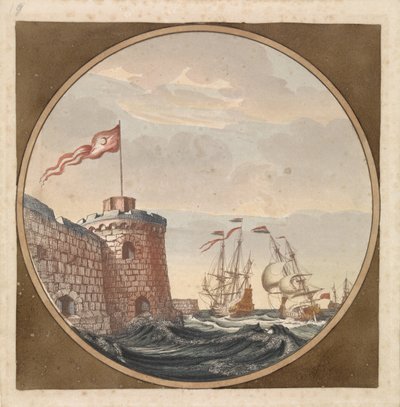Skibe ved en bastion med tyrkisk flag af Anonymous