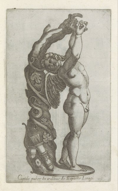 Sculptuur van Amor die druiven plukt Cupido puber i Io Baptiste Lugaris hus (titel på objektet) Antikke skulpturer i Rom (serietitel) Ikoner af de gamle statuer af byen Rom, som ses på offentlige steder (serietitel) af Anonymous