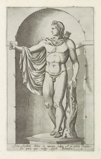 Skulptur af Apollo Apollo Belvedere Denne statue af Apollo blev skåret ud af marmor i pavepaladset (...) (titel på objektet) Antikke skulpturer i Rom (serietitel) Ikoner af de gamle statuer af byen Rom, som ses på offentlige steder (serie t af Anonymous