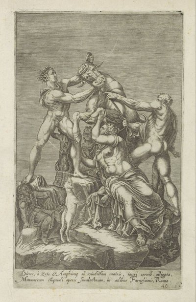 Skulptur af Dirce die på en stier er bundet Farnese Stier Dirces, til Zeto og Amphion for hans mors hævn (...) (titel på objektet) Antikke skulpturer i Rom (serietitel) Ikoner af de gamle statuer af byen Rom, som ses på offentlige steder af Anonymous