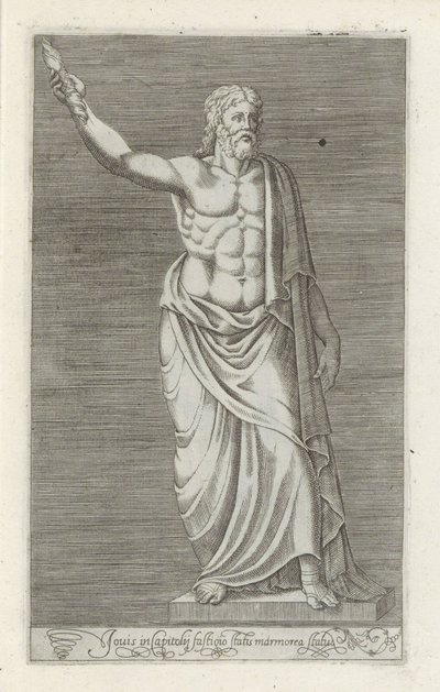 Skulptur af Jupiter En marmorstatue af Jupiter stående på toppen af ​​Capitol (titel på objekt) Antikke skulpturer i Rom (serietitel) Ikoner af de gamle statuer af byen Rom, som ses på offentlige steder (serietitel) af Anonymous