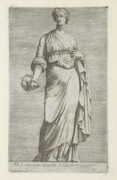 Sculptuur van Thaleia, muze van de komedie Muse, der repræsenterer komedie i Capitol (titel på objekt) Antikke skulpturer i Rom (serietitel) Ikoner af de gamle statuer af byen Rom, som ses på offentlige steder (serietitel) af Anonymous