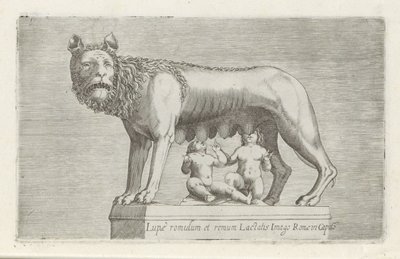Sculptuur van de Lupa Capitolina die de tweeling Romulus en Remus zoogt Romulus og Remus ammer ulvebilledet af Rom i Capito (titel på objekt) Antikke skulpturer i Rom (serietitel) Af de gamle statuer af byen Rom, som er at se på offentlige steder ic af Anonymous