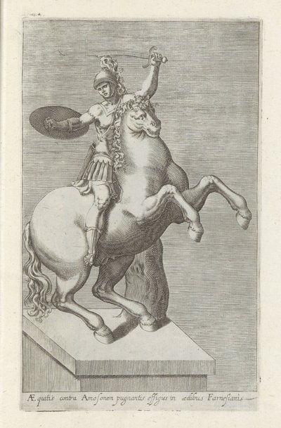 Skulptur af en Romeinse soldaat te paard Equites mod Amos (...) (titel på objekt) Antikke skulpturer i Rom (serietitel) Ikoner af de gamle statuer af byen Rom, som ses på offentlige steder (serietitel) af Anonymous