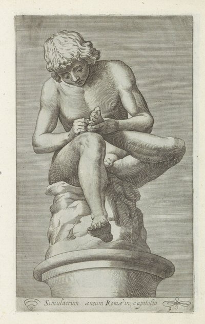 Skulptur af en jongen med en dør i foden Rygrad Bronzesimulacrum af Rom i hovedstaden (titel på objekt) Antikke skulpturer i Rom (serietitel) Ikoner af de gamle statuer af byen Rom, som ses på offentlige steder (serietitel) af Anonymous