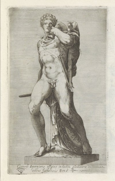 Skulptur af keizer Commodus er gladiator Et behageligt portræt af kejseren i dragt af en gladiator (...) (titel på objekt) Antikke skulpturer i Rom (serietitel) Ikoner af de gamle statuer af byen Rom, som ses på offentlige steder (serietitel) af Anonymous