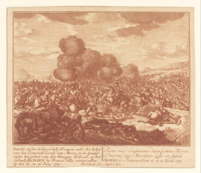 Kamp mellem kejserlige tropper og spanierne på Sicilien, juni 1719 Bataille mellem Keyserlijke Troupen under kontrol af general Graaf van Mercy og den spanske under kontrol af Marquis de Leede (...) (titel på objekt) af Anonymous
