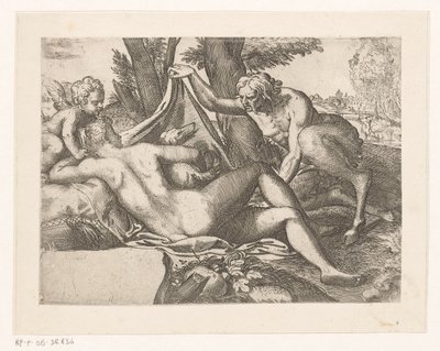 Sovende Venus spioneret af en satyr af Anonymous