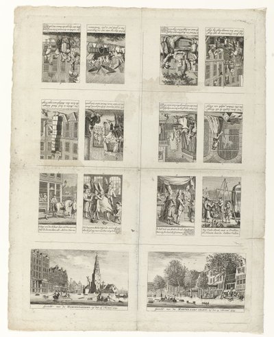 Tegnefilm om mode og to udsigter over Amsterdam under oversvømmelserne i 1775 af Anonymous