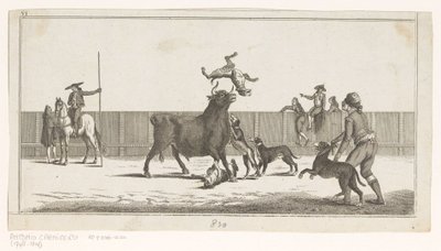 Tyr angrebet af hunde Coleccion de las principales suertes de una corrida de toros (serietitel på objekt) Samling af de vigtigste tyrefægtningsmanøvrer (serietitel) af Anonymous