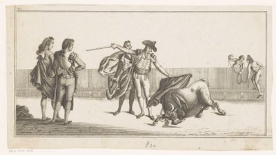 Tyr stukket af en matador Coleccion de las principales suertes de una corrida de toros (serietitel på objekt) Samling af de vigtigste tyrefægtningsmanøvrer (serietitel) af Anonymous
