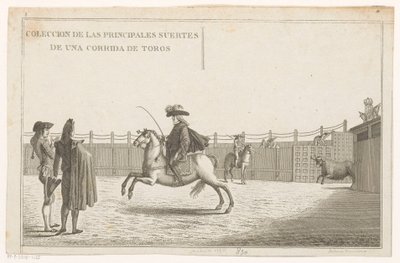 Tyrefægtere i en arena Coleccion de las principales suertes de una corrida de toros (serietitel på objekt) Samling af de vigtigste tyrefægtningsmanøvrer (serietitel) af Anonymous