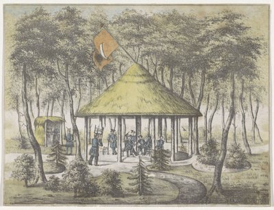 Tempel og have ved Boekel, 1831 Udsigt over tempel og have ved Boekel. Opført og bygget af vagtmilitsen i byen Groningen. Som en anerkendelse af den venlige velkomst den 23. juni 1831 til selskabets medlemmer som et minde af Anonymous