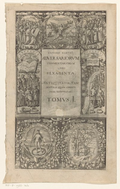 Titel med omkring zeven cartouches Modstanders kommentarer, tres bøger, bind I (titel på objekt) Titelside for: Caspar von Barth, Adversariorum commentariorum libri LX, 1624 af Anonymous