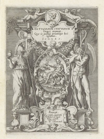 Titelprent mødte Rom, Minerva og Saturnus Antikke skulpturer i Rom (serietitel) Ikoner af de gamle statuer af byen Rom, som ses på offentlige steder (serietitel på objektet) af Anonymous