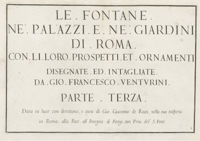 Titeltryk med indrammet titel Le fontane ne palazzi e ne giardini di Roma (serietitel) Springvand i Roms paladser og haver (serietitel) af Anonymous