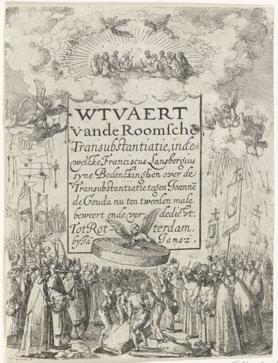 Titeltryk til pamfletten Wtvaert vande Roman Transubstantiatie, 1612 Wtvaert vande Roman Transsubstantiation, i den welcke Franciscus Lansbergius syne Bedenckinghen om Transsubstantiationen mod Joannes de Gouda hævder nu for anden Gang ende v af Anonymous