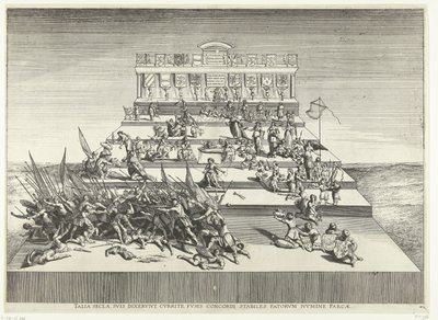 Toneelvoorstelling over oorlog en vrede; intocht van Ferdinand te Gent i 1635 (nr. 42) Sådanne århundreder, sagde de til deres egne, løb, med spindler i harmoni, stabile, skånet af skæbnens gud (titel på objekt) Genethliacon Theatre of Charles V af Anonymous
