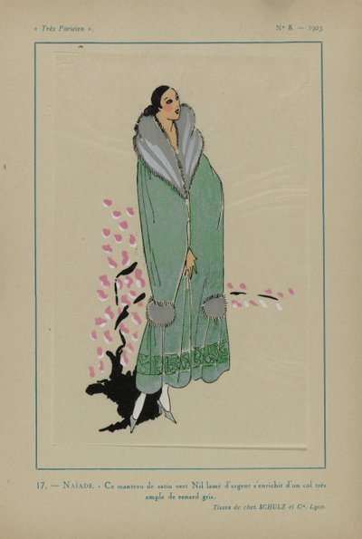 Meget parisisk, 1923, nr. 8: 17.- NAÏADE. - Denne nilgrønne satinfrakke... af Anonymous
