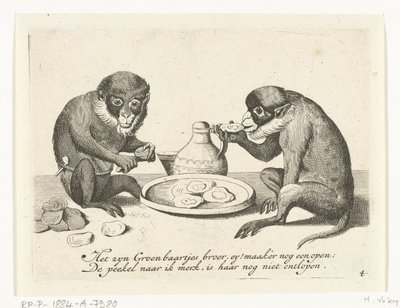 To aber spiser østers Forskellige virksomheder i menneskelivet præsenteret af aber (serietitel) Hvad er det, der ser mig i denne verden? / Det er Aape-spil, og ikke andet (serietitel) af Anonymous